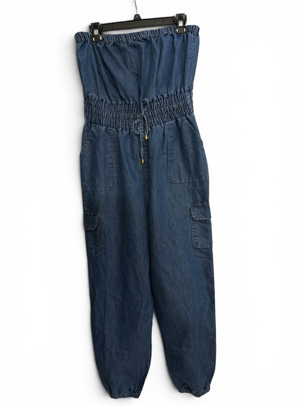 Strapless Denim Jumpsuit with Cargo Pockets - Dark Blue
